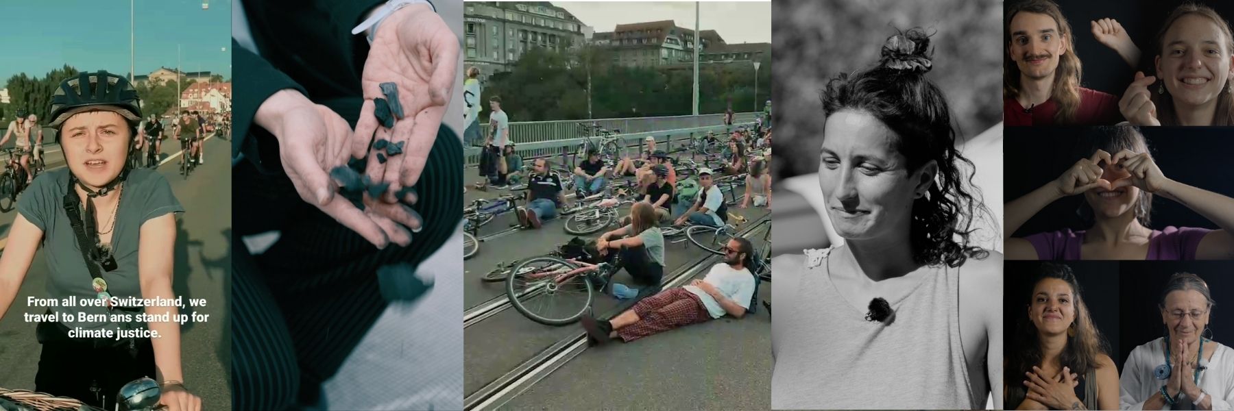 On the image you see different images from video. On person on a bike, them two hands which hold coal, in the middle bcycle activists laying on bridge on the ground next to their bikes, then you see a female looking person with a small microphone fixed to the tshirt and on the left you see 5 persons doing different symbols like heart, fist or just holding hand in the air. 